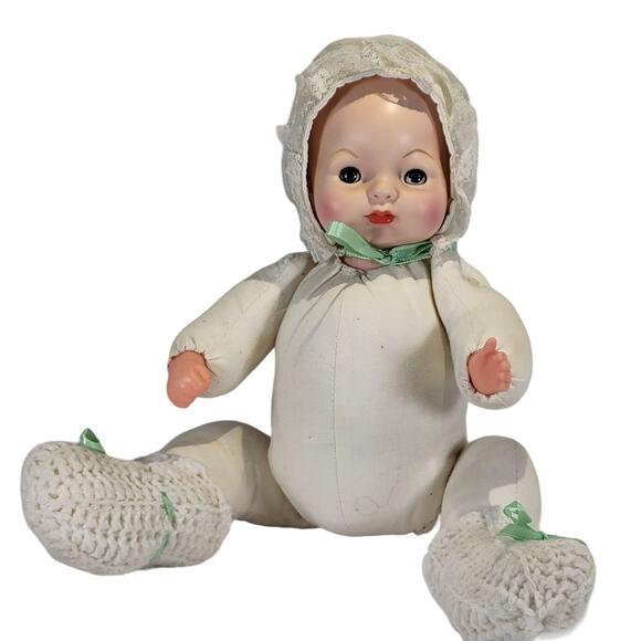 Vintage 13" Composition Baby Doll with Cloth Body and Sleep Eyes Bonnet Booties - Picture 1 of 16